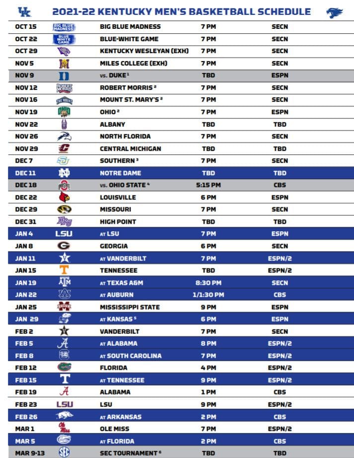 Kentucky Mens Basketball Schedule Download