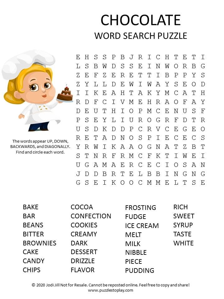 Chocolate-Themed Word Search Puzzle for Kids