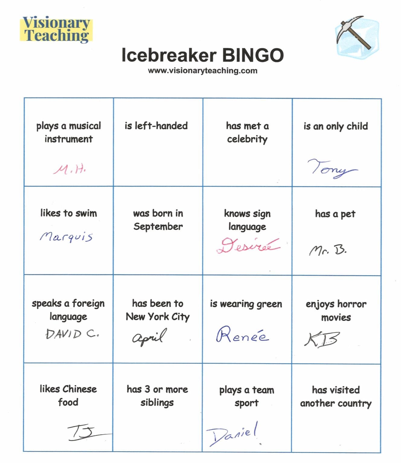 Kids' Icebreaker Bingo