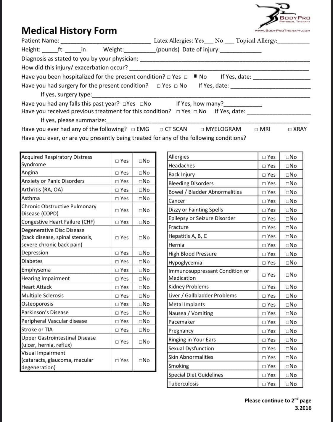 Medical History Sheet