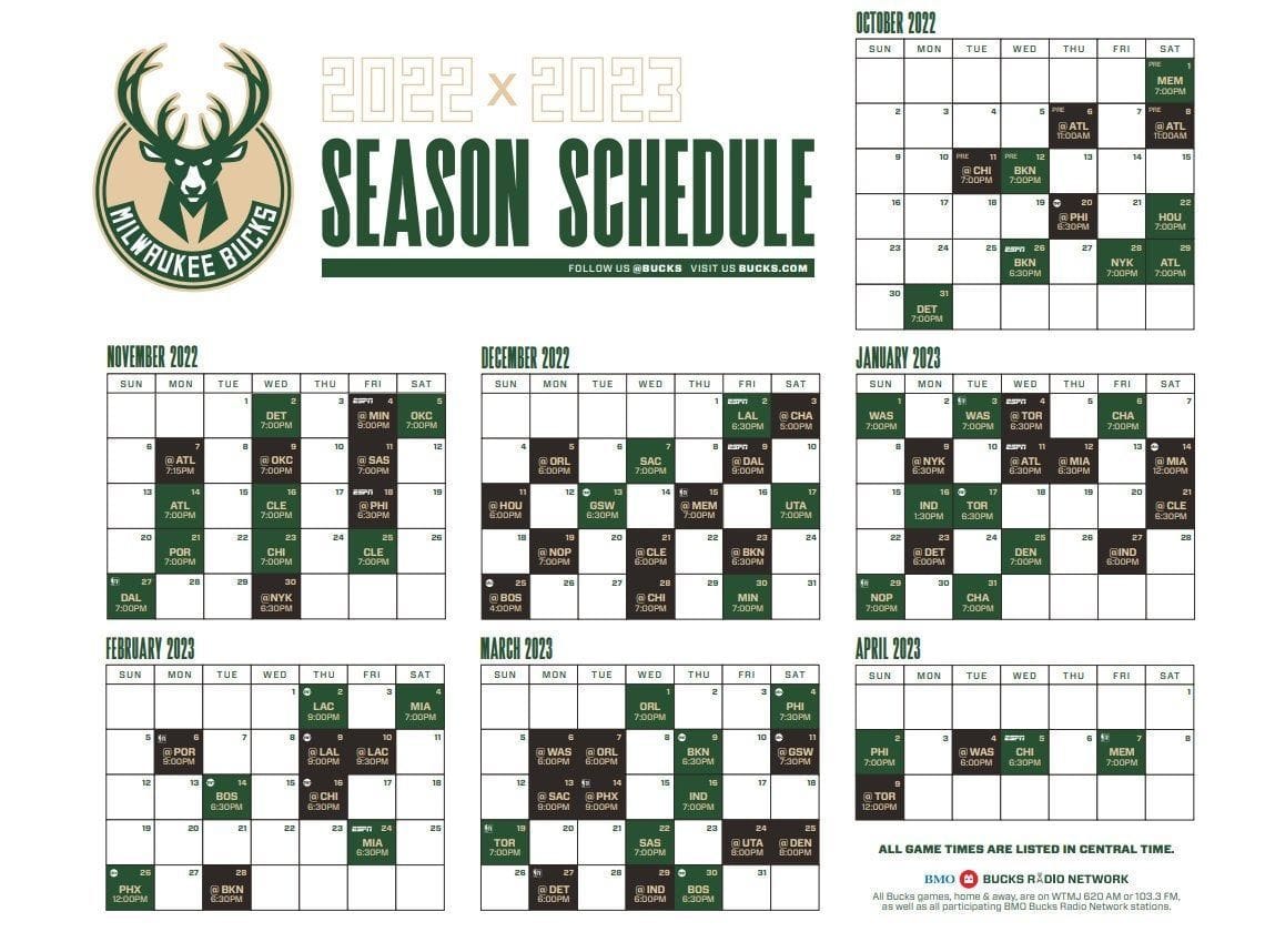 Milwaukee Bucks Schedule Printable 2023-2024 Season