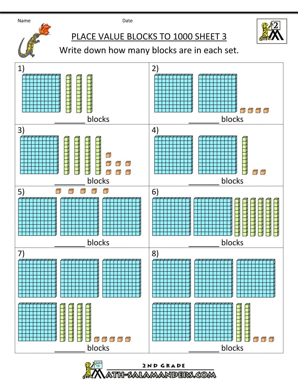 Place value worksheet using base-ten blocks