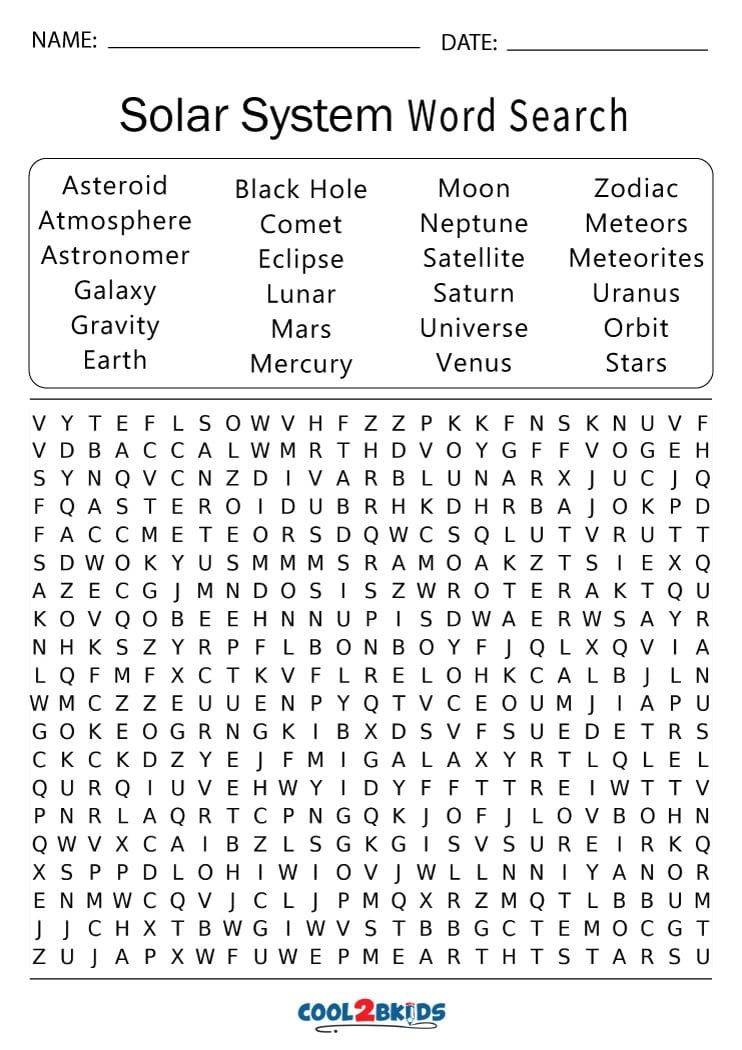 Planets in Our Solar System Word Search