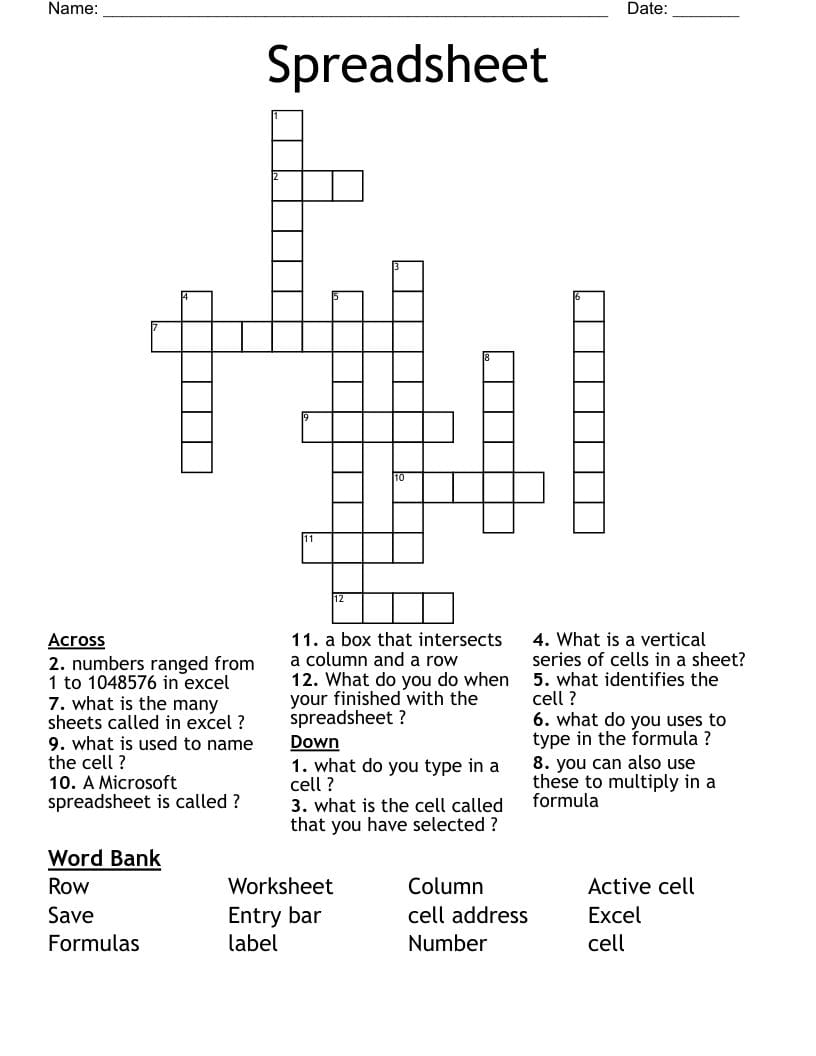 Spreadsheet Word Search Puzzle Example