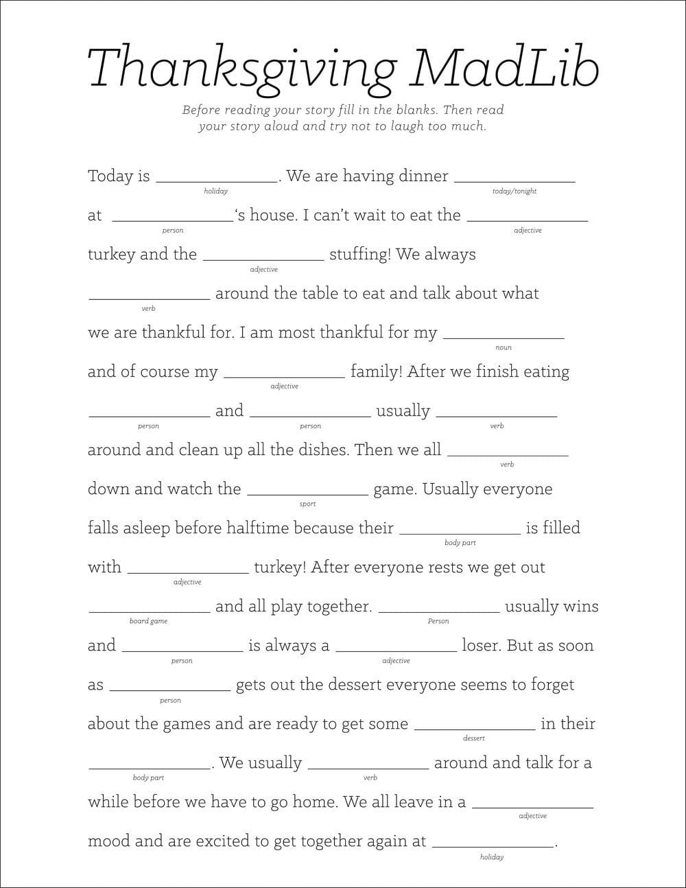 Thanksgiving Football Mad Libs