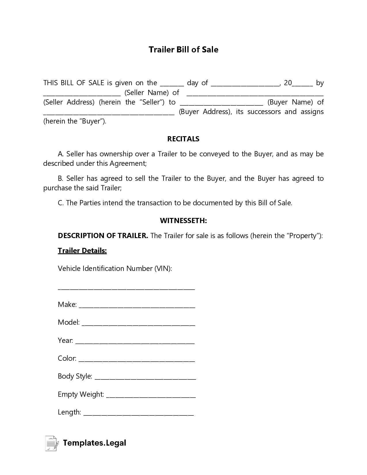 Trailer Bill of Sale Template